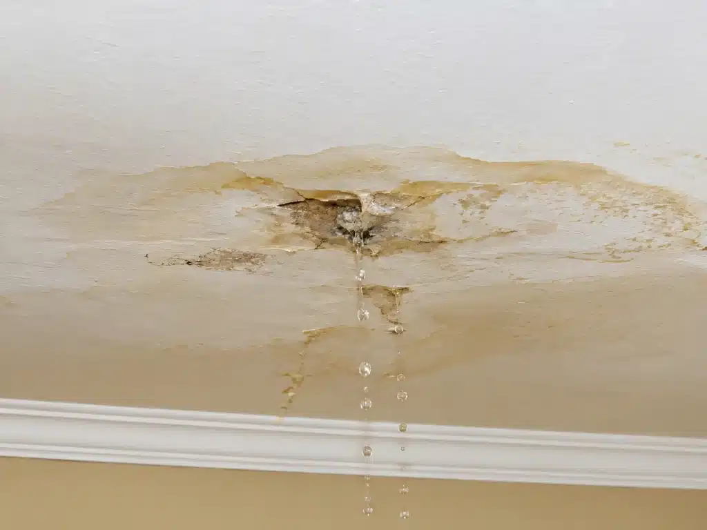 Water leaking through a damaged ceiling with visible staining, peeling paint, and dripping water