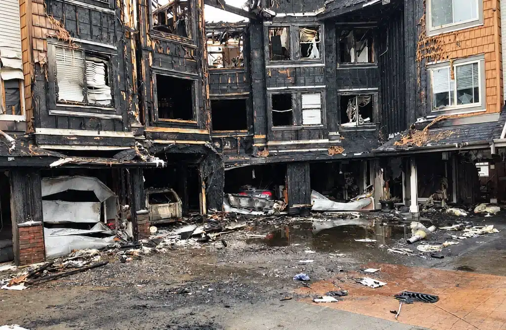 Exterior of a heavily fire-damaged multi-unit building with charred walls, broken windows, and debris across the courtyard