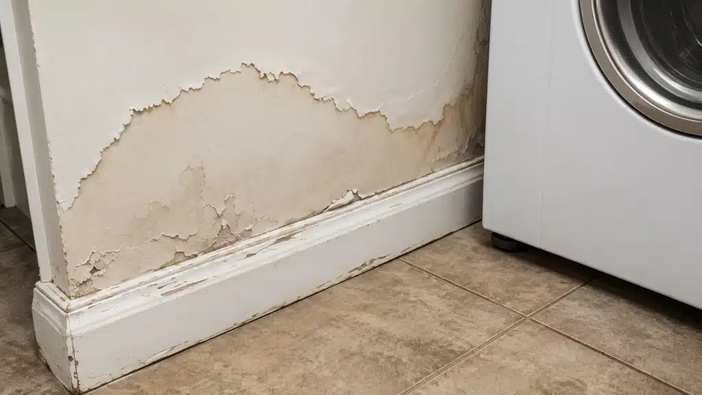 Water damage and peeling paint along a wall and baseboard beside a washing machine